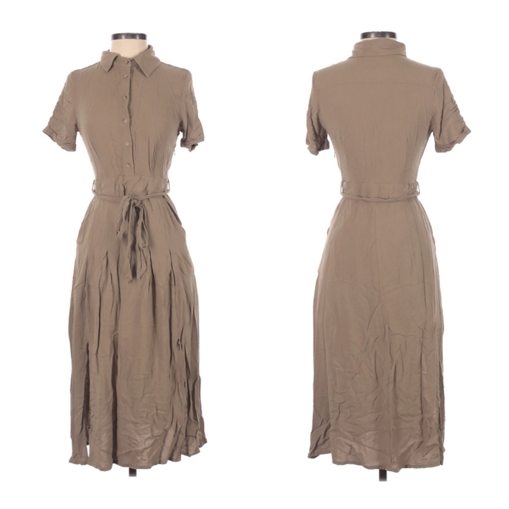 Fashion on Earth Linen Blend Button Front Tie Waist Midi Shirt Dress S